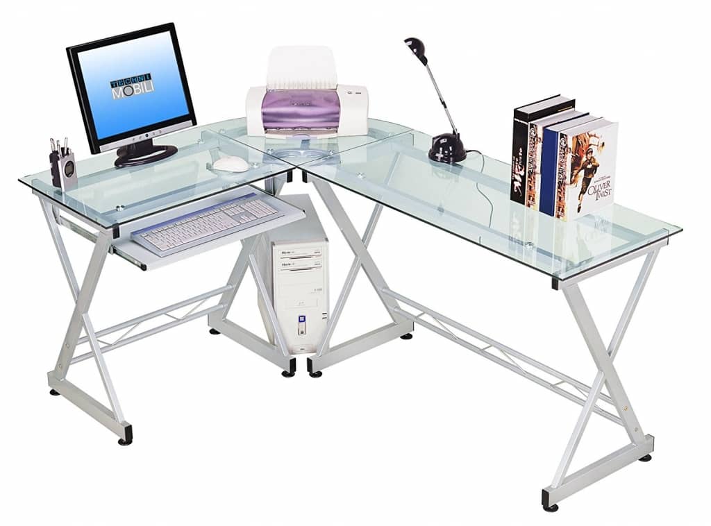 Tempered Glass L Shape Corner Desk With Pull Out Keybaord Panel.